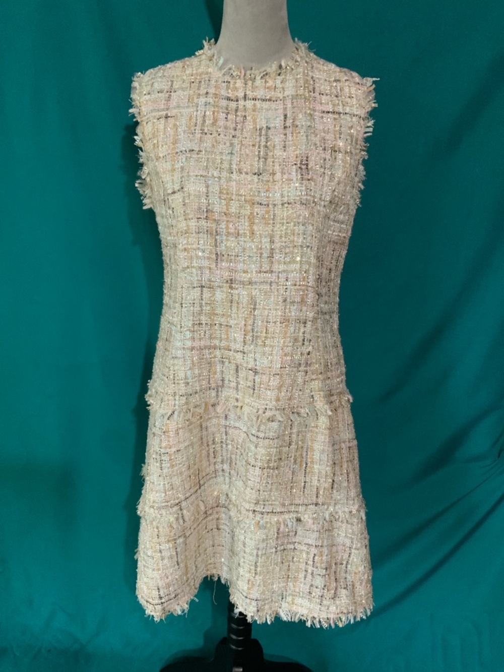 BOHO CHIC Sleeveless Ivory Boucle Tweed Mini Dress with Jeweled Neckline